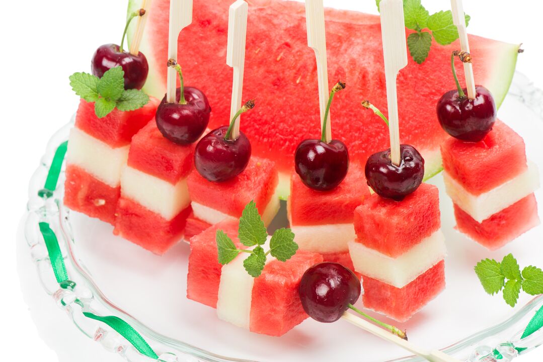Watermelon, melon and cherry canapés - a tasty dessert of watermelon diet